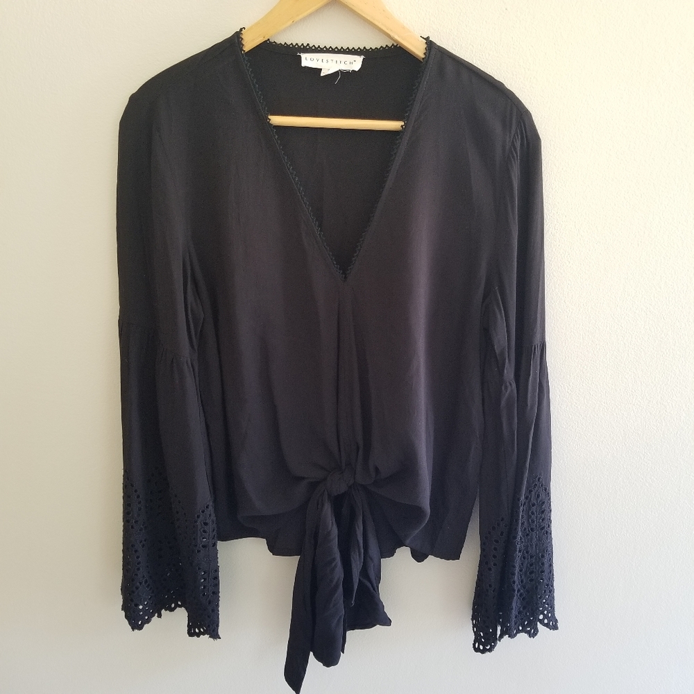 Black Boho Tie Front V Neck Blouse